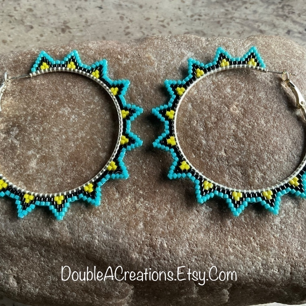 Turquoise and Yellow Sunburst 2” Beaded Hoops, New, Handmade by Me - Picture 7 of 9